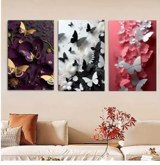 Butterfly Wall Art Set – 3 Wooden Frames (8x11”) with Elegant Floral & Nature Designs