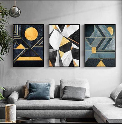 Modern Abstract Wall Art Set – 3 Wooden Frames (8x11”) with Geometric Gold & Black Designs
