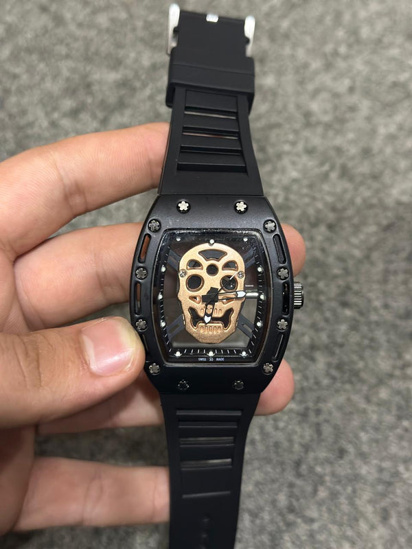 Skull Skeleton Matte Sport Watch – Luxury Metal Tonneau Style Wristwatch with Silicone Strap